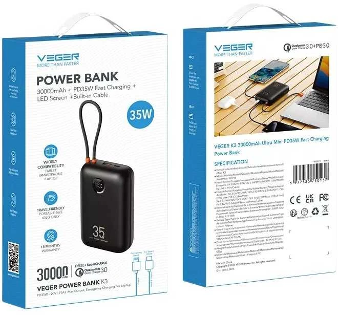Powerbank Veger K3 (W3018) PD QC3.0 35W 30000 mAh with built-in Type C cables / Lightning juodas