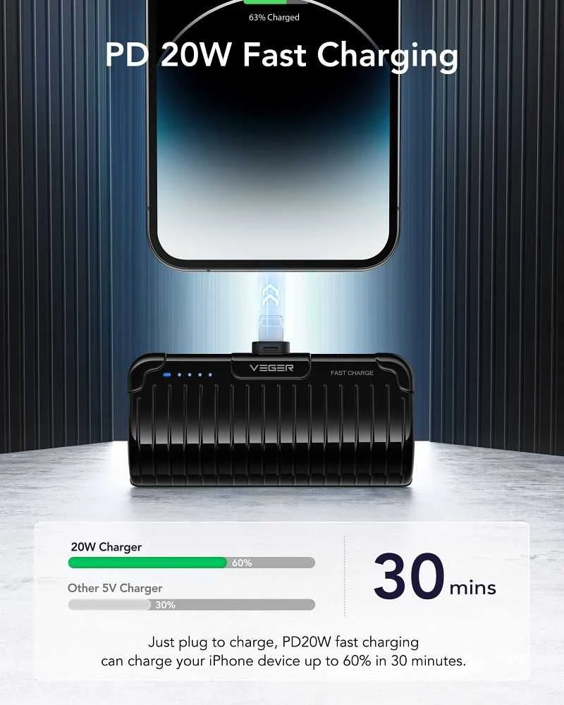 Nešiojamoji baterija Veger PlugOn (W0558P) PD QC3.0 2,4A 20W 5000 mAh su integruota jungtimi Lightning juodas