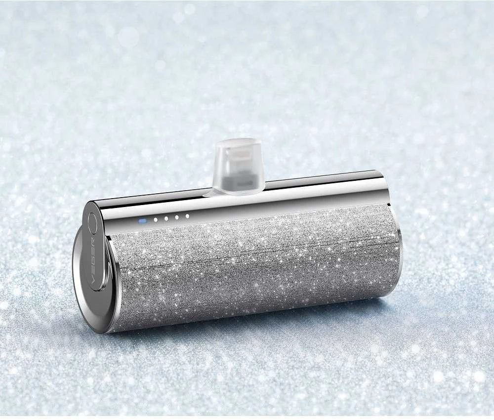 Nešiojamoji baterija Veger PlugOn (W0573) PD QC3.0 2,4A 12W 5000 mAh su integruota USB C jungtimi, sidabrinis