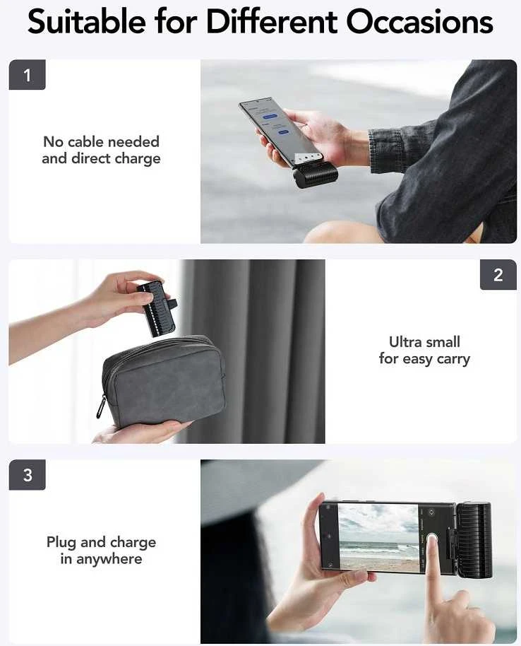 Nešiojamoji baterija „Veger PlugOn“ (W0558) PD QC3.0 3A 20W 5000 mAh su integruota C tipo jungtimi, juoda