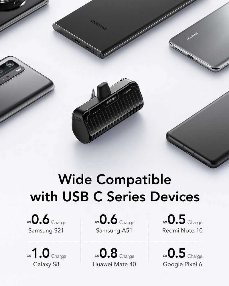 Nešiojamoji baterija „Veger PlugOn“ (W0558) PD QC3.0 3A 20W 5000 mAh su integruota C tipo jungtimi, juoda