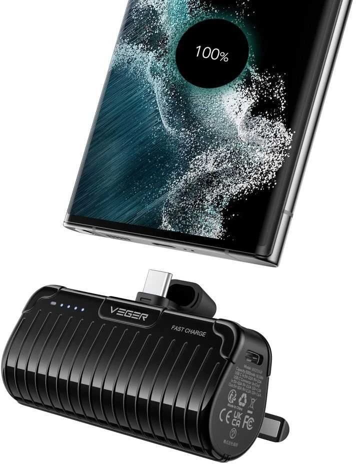 Nešiojamoji baterija „Veger PlugOn“ (W0558) PD QC3.0 3A 20W 5000 mAh su integruota C tipo jungtimi, juoda