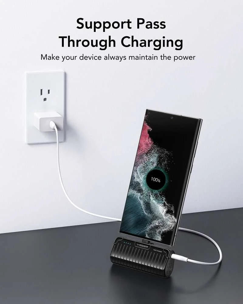 Nešiojamoji baterija „Veger PlugOn“ (W0558) PD QC3.0 3A 20W 5000 mAh su integruota C tipo jungtimi, juoda