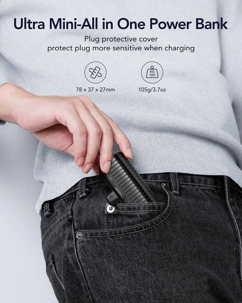 Nešiojamoji baterija „Veger PlugOn“ (W0558) PD QC3.0 3A 20W 5000 mAh su integruota C tipo jungtimi, juoda