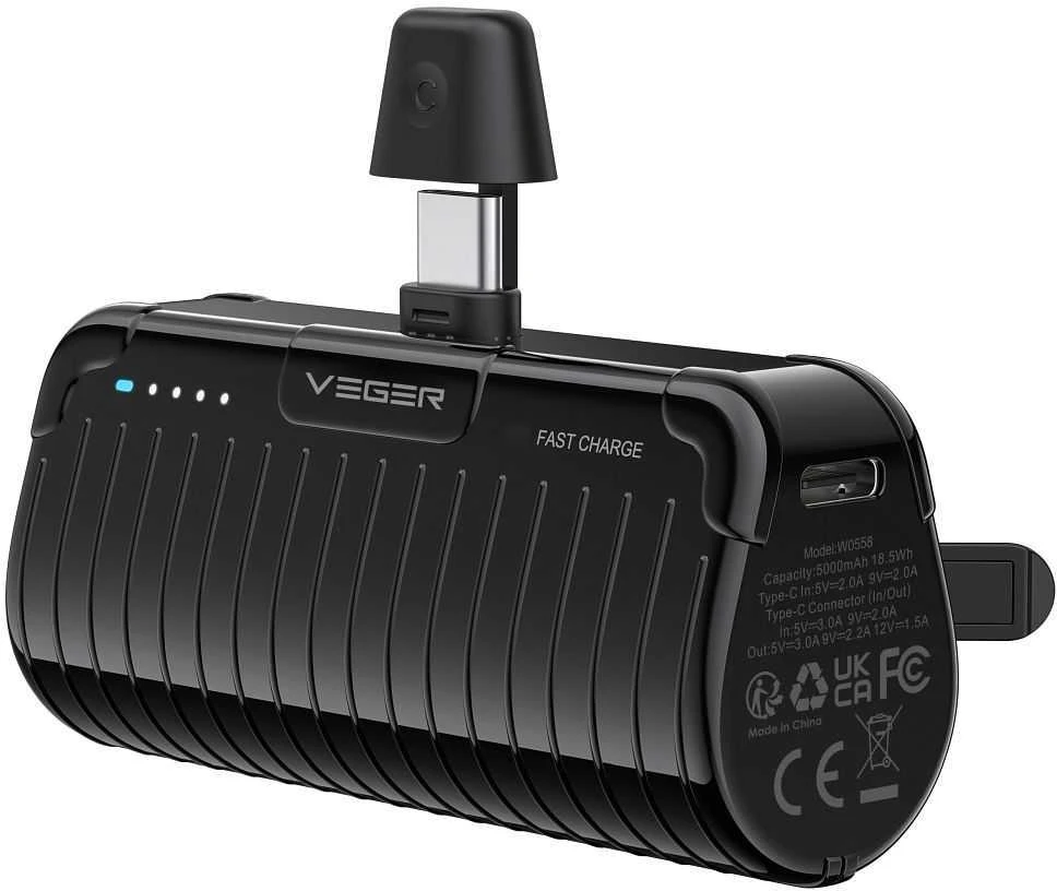 Nešiojamoji baterija „Veger PlugOn“ (W0558) PD QC3.0 3A 20W 5000 mAh su integruota C tipo jungtimi, juoda