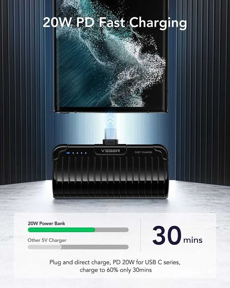 Nešiojamoji baterija „Veger PlugOn“ (W0558) PD QC3.0 3A 20W 5000 mAh su integruota C tipo jungtimi, juoda