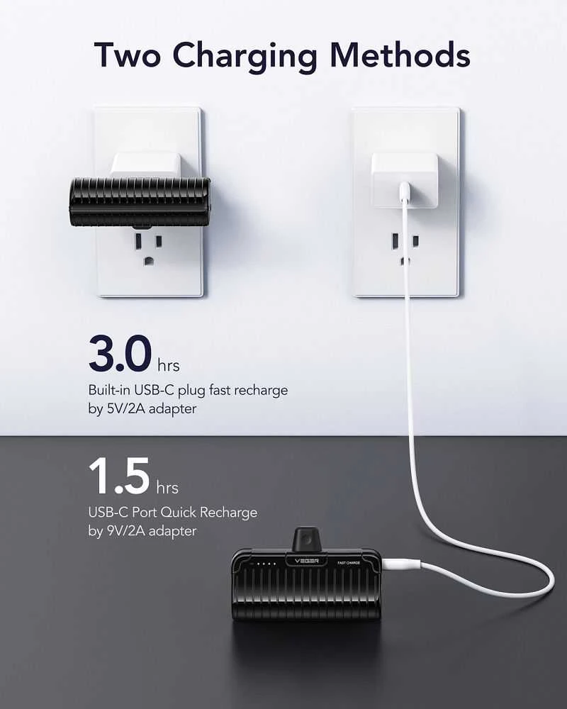 Nešiojamoji baterija „Veger PlugOn“ (W0558) PD QC3.0 3A 20W 5000 mAh su integruota C tipo jungtimi, juoda