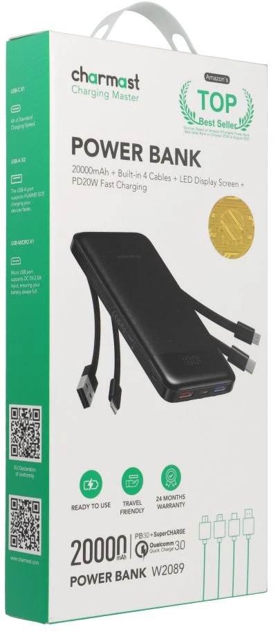 Nešiojamoji baterija Charmast W2089 PD3.0 3A 22,5W 20000 mAh su integruotais laidais USB A / USB C / Lightning / Micro USB juodas