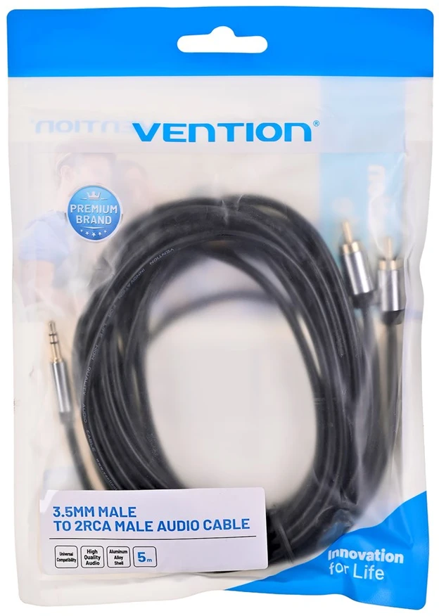2xRCA kabelio (Cinch) lizdas iki 3.5 mm Vention BCFBJ 5m (juodas)