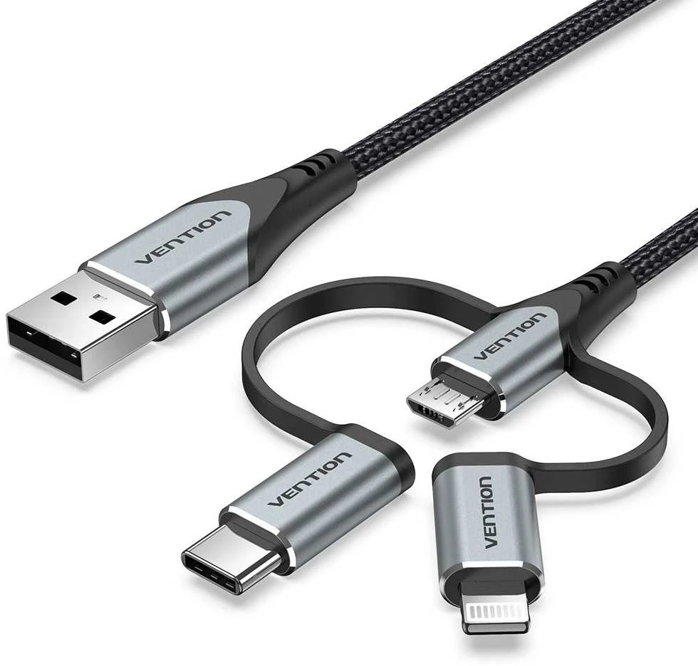 „Vention“ USB 2.0 A tipo kištukas į 3 viename „Micro-B“, USB-C ir „Lightning“ tipo kištuką, 1 m, pilkas, aliuminio lydinio tipas
