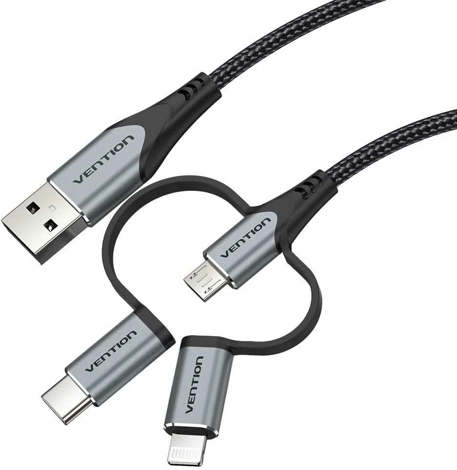 „Vention“ USB 2.0 A tipo kištukas į 3 viename „Micro-B“, USB-C ir „Lightning“ tipo kištuką, 1 m, pilkas, aliuminio lydinio tipas