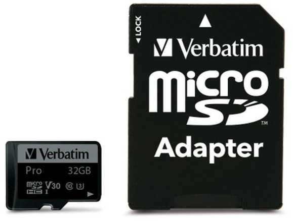 Verbatim Atminties kortelė Micro SD 32GB + adapter Pro U3 juodos spalvos 47041
