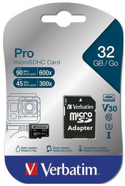 Verbatim Atminties kortelė Micro SD 32GB + adapter Pro U3 juodos spalvos 47041
