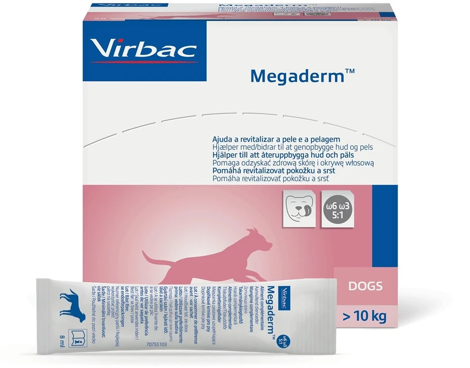 VIRBAC Megaderm riebalų rūgštys, palaikančios odą ir kailį – papildai šunims – 28 x 8 ml