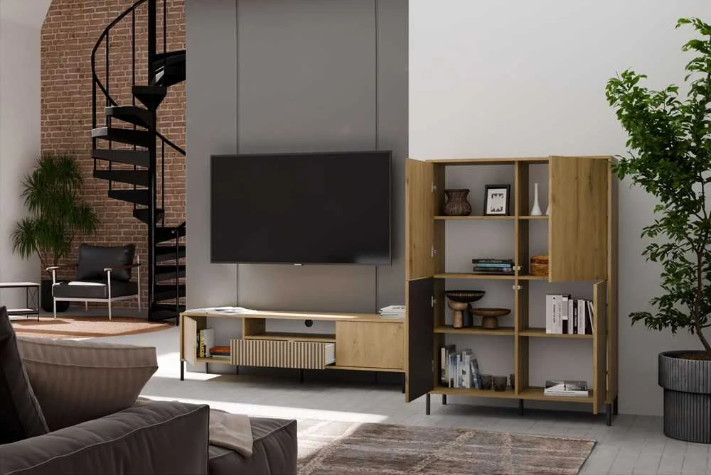 Top E Shop KAMARO 4DK SLIM/GL ĄŽUOLINĖ ARTISAN VITRINĖ SPINTELĖ