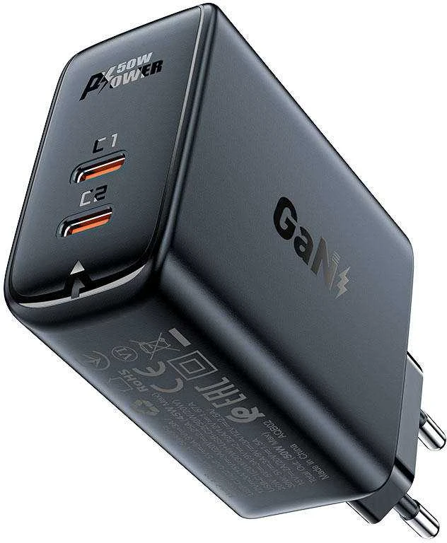 Sieninis įkroviklis Acefast A29 PD50W GAN 2x USB-C 50W (juodas)