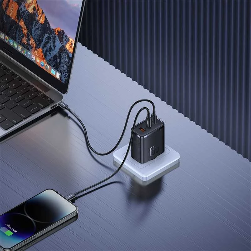 Sieninis įkroviklis Baseus OS-Cube Pro 2xUSB-C + USB, 65W (juodas)