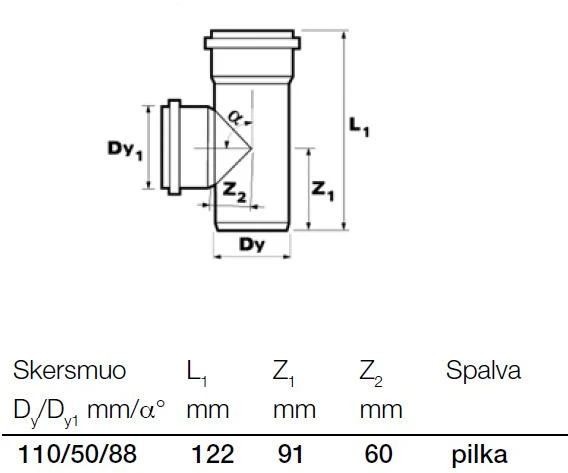 Wavin Baltic Vidaus kanalizacijos trišakis WAVIN OPTIMA, d , 110-50, 88*