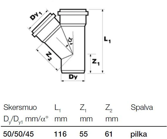 Wavin Baltic Vidaus kanalizacijos trišakis WAVIN OPTIMA, d , 50-50, 45*
