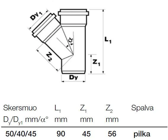 Wavin Magnaplast Vidaus kanalizacijos trišakis HTEA, d , 50-40, 45*
