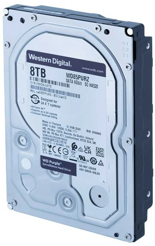 Kietasis diskas Western Digital HDD Video Surveillance WD Violetinė 8TB CMR, 3.5'', 256MB, 5640 RPM, SATA, TBW: 180