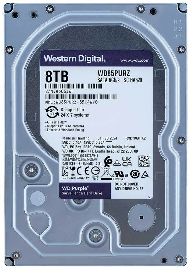 Kietasis diskas Western Digital HDD Video Surveillance WD Violetinė 8TB CMR, 3.5'', 256MB, 5640 RPM, SATA, TBW: 180