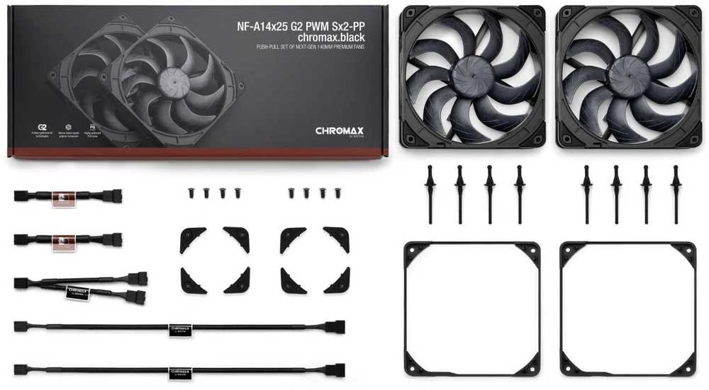Noctua 140mm NF-A14x25 G2 PWM Sx2 PP chromax.juodas leidimas - dviejų ventiliatorių komplektas