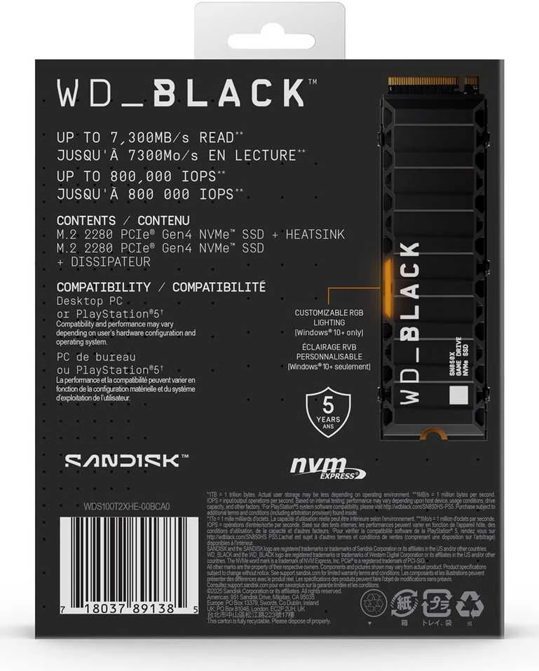 WD Juodas 1TB SN850X NVMe SSD itin greitas PCIe Gen4 x4 M.2 su vidiniu radiatoriumi, vienoje pakuotėje, maitinamas „SANDISK“