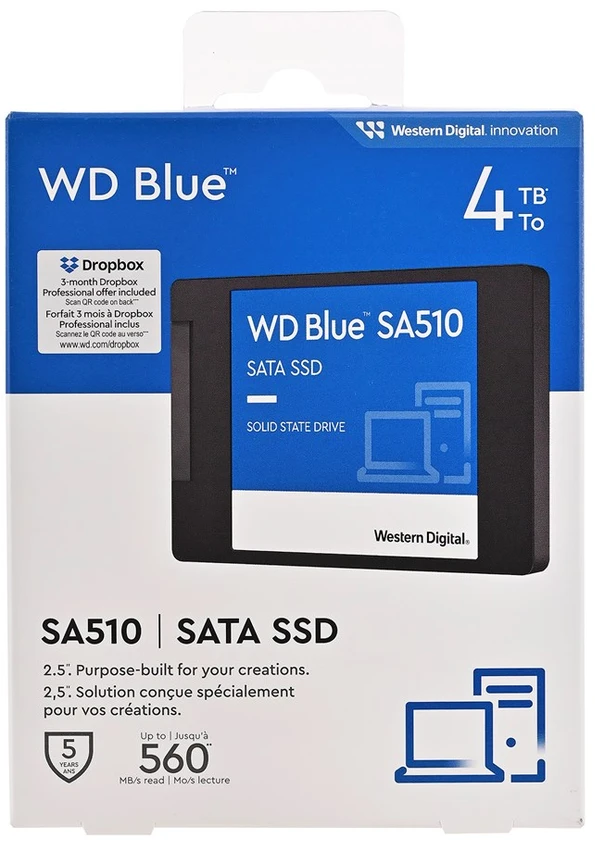 WD Mėlyna SA510 SSD 4TB SATA III 6Gb/s korpusas 2.5" 7mm vidinė vienguba pakuotė, MAITINA „SANDISK“