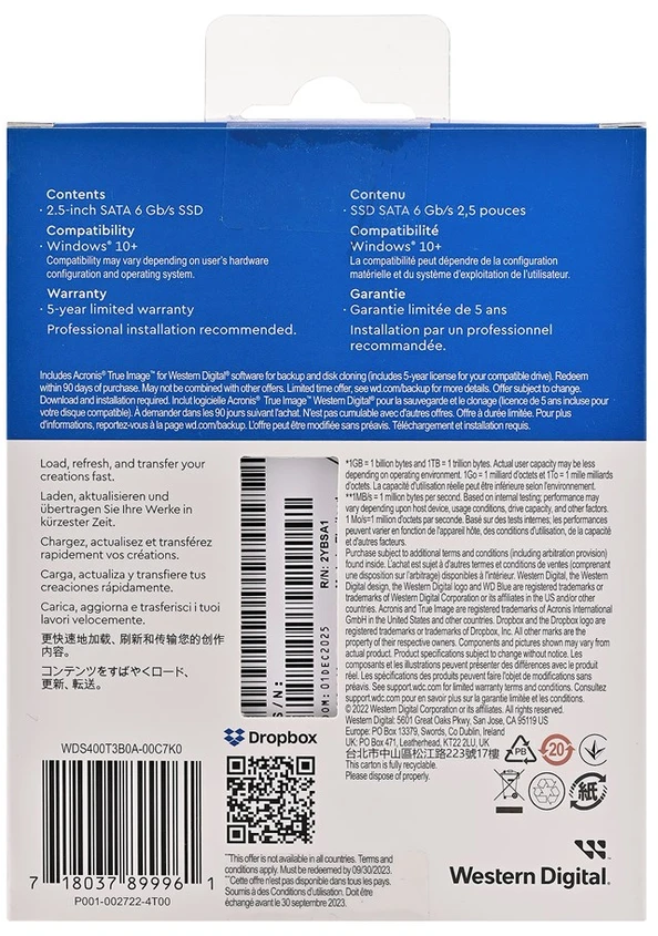 WD Mėlyna SA510 SSD 4TB SATA III 6Gb/s korpusas 2.5" 7mm vidinė vienguba pakuotė, MAITINA „SANDISK“