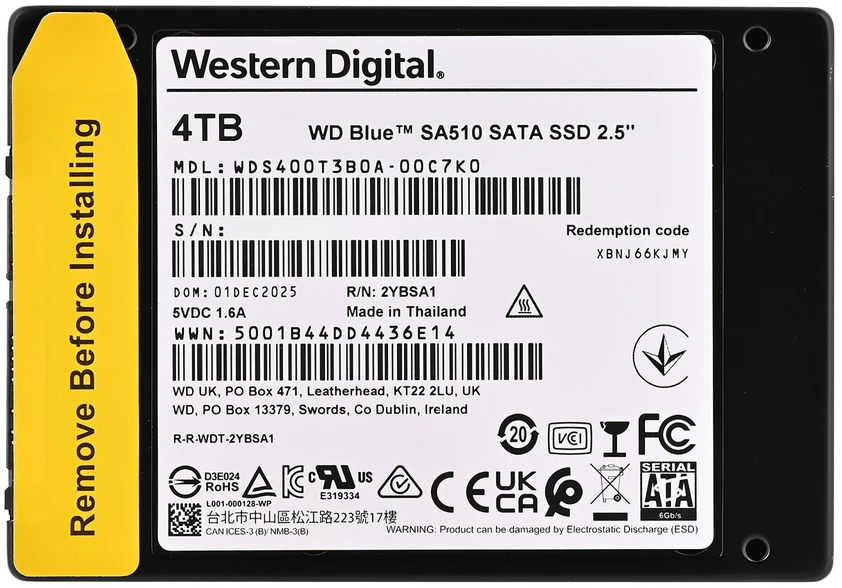 WD Mėlyna SA510 SSD 4TB SATA III 6Gb/s korpusas 2.5" 7mm vidinė vienguba pakuotė, MAITINA „SANDISK“