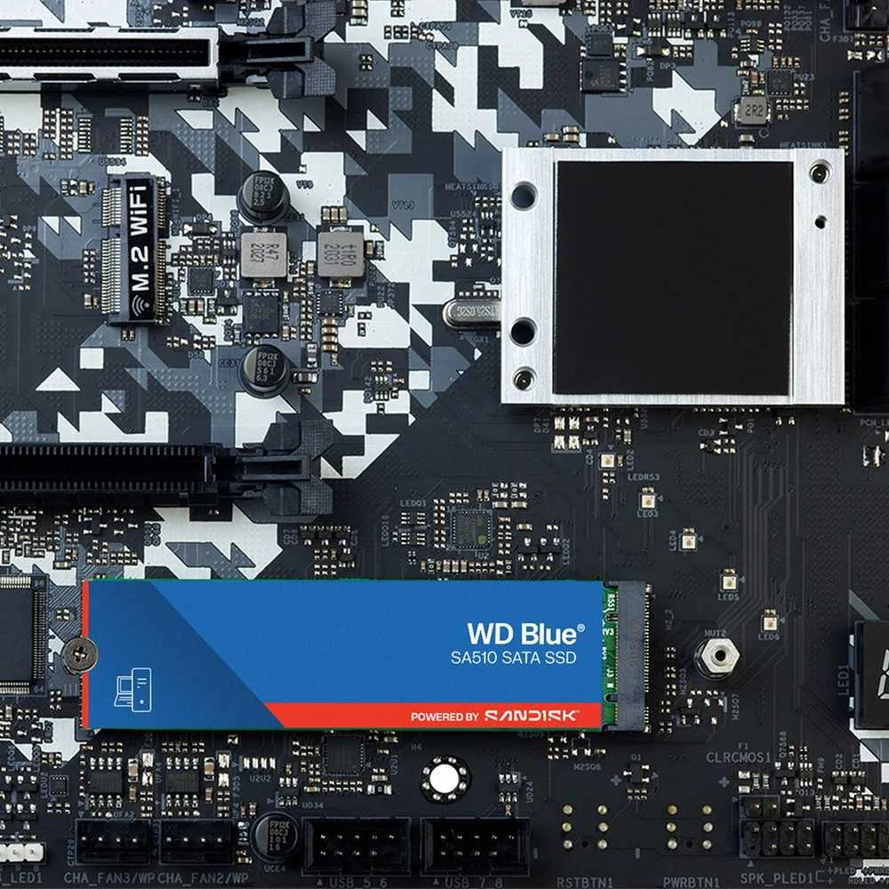 WD Mėlyna SA510 SSD 500GB M.2 2280 SATA III 6Gb/s vidinis, vienos pakuotės, maitinamas „SANDISK“