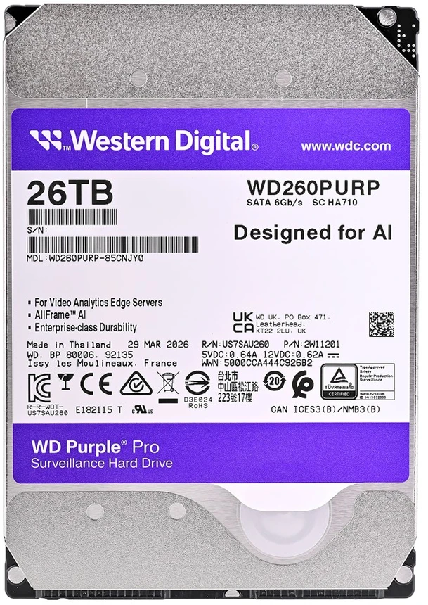 26 TB „Violetinė Pro“ 512 MB, 3,5 colio, SATA 6 GB/S, 7200 aps./min.