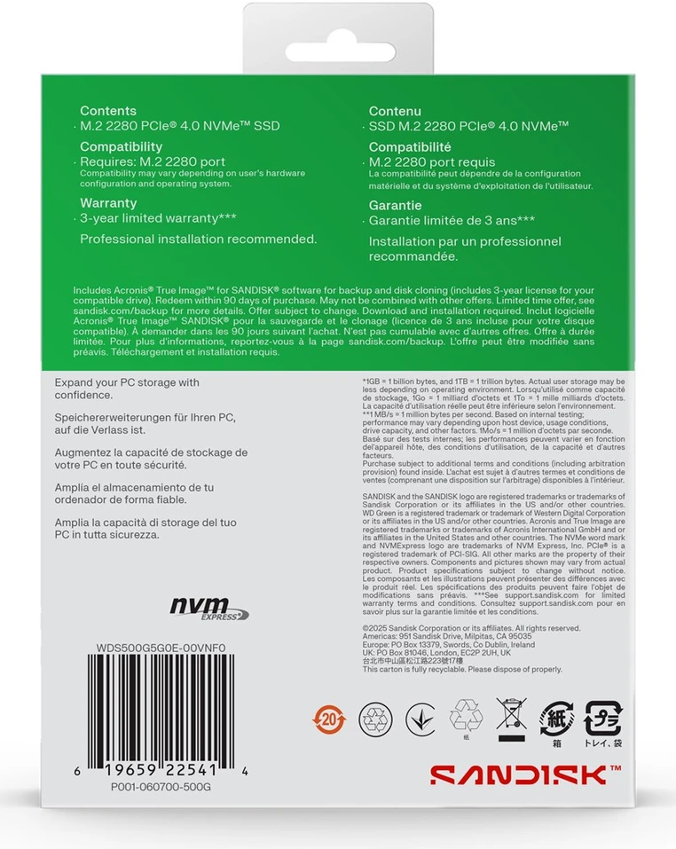 Western Digital Žalias WD ™ SN3000 NVMe™ SSD POWERED BY SANDISK 500 GB