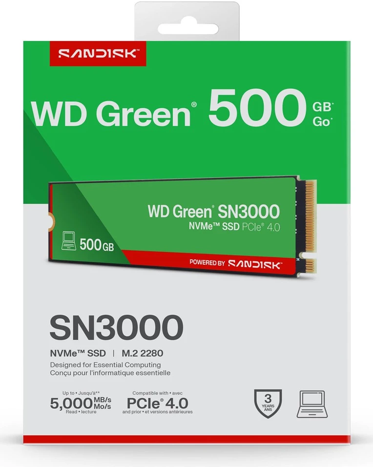 Western Digital Žalias WD ™ SN3000 NVMe™ SSD POWERED BY SANDISK 500 GB