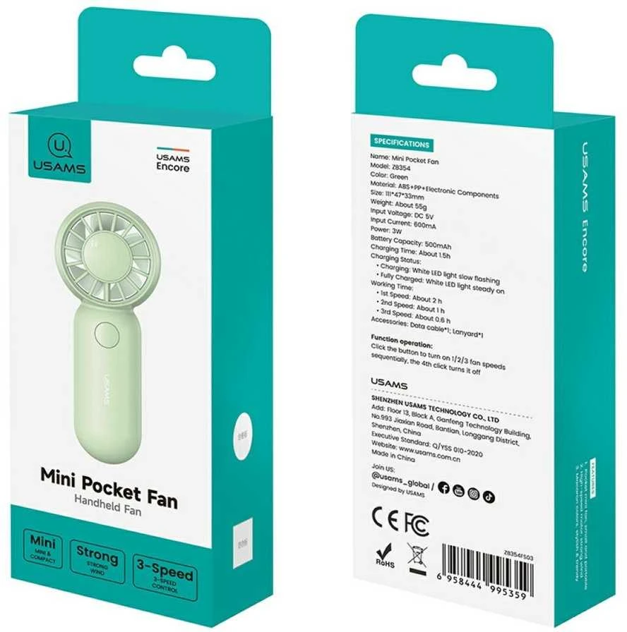 Rankinis ventiliatorius USAMS Mini Pocket ZB354, rožinis