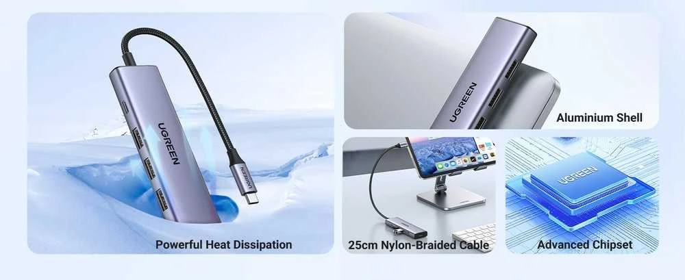 Adapteris Ugreen CM511 USB-C to HDMI 1.4 + 3xUSB-A + USB-C PD100W pilkas