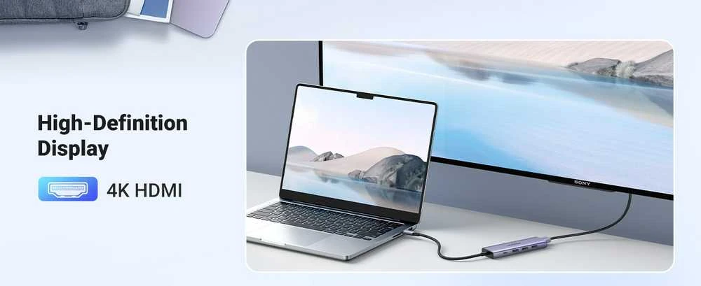 Adapteris Ugreen CM511 USB-C to HDMI 1.4 + 3xUSB-A + USB-C PD100W pilkas