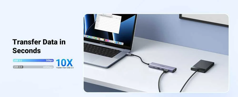 Adapteris Ugreen CM511 USB-C to HDMI 1.4 + 3xUSB-A + USB-C PD100W pilkas