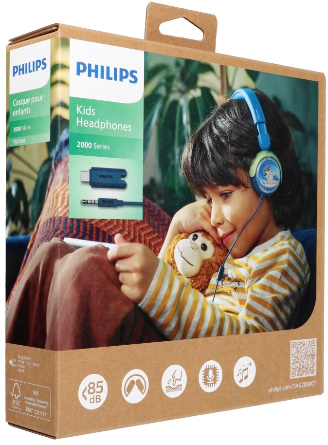 Laidinės vaikiškos ausinės Philips TAK2000CT/00, mėlynos ir žalios spalvos