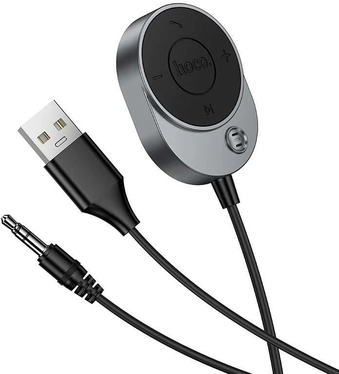 Belaidis automobilio imtuvas Hoco AUX Bluetooth su laidu Jack 3,5 mm E150 metalinis pilkas