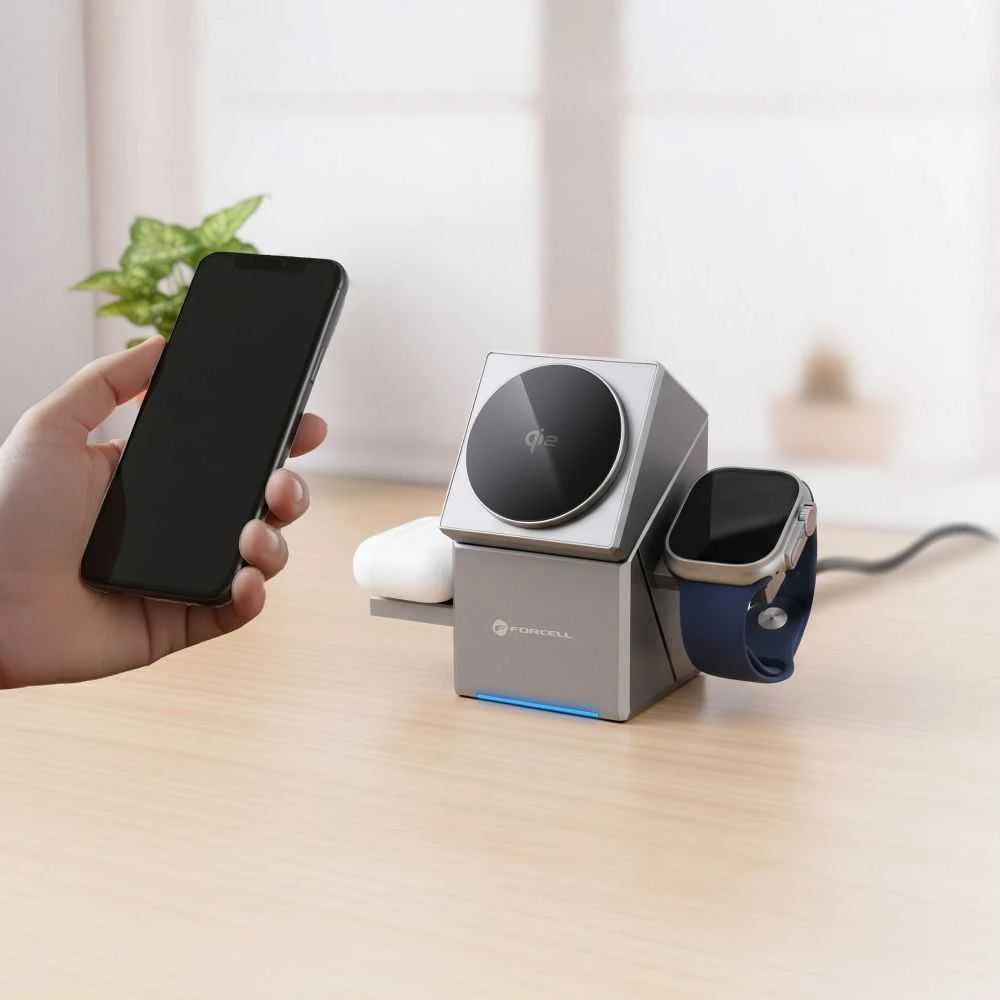 Belaidis įkroviklis Forcell F-Energy 3in1 Rotation Cube Qi2, suderinamas su MagSafe (F-06), sidabrinis