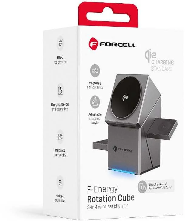 Belaidis įkroviklis Forcell F-Energy 3in1 Rotation Cube Qi2, suderinamas su MagSafe (F-06), sidabrinis