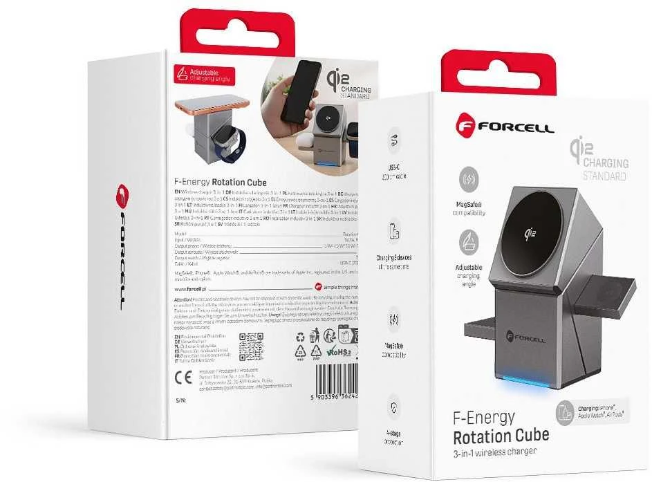 Belaidis įkroviklis Forcell F-Energy 3in1 Rotation Cube Qi2, suderinamas su MagSafe (F-06), sidabrinis