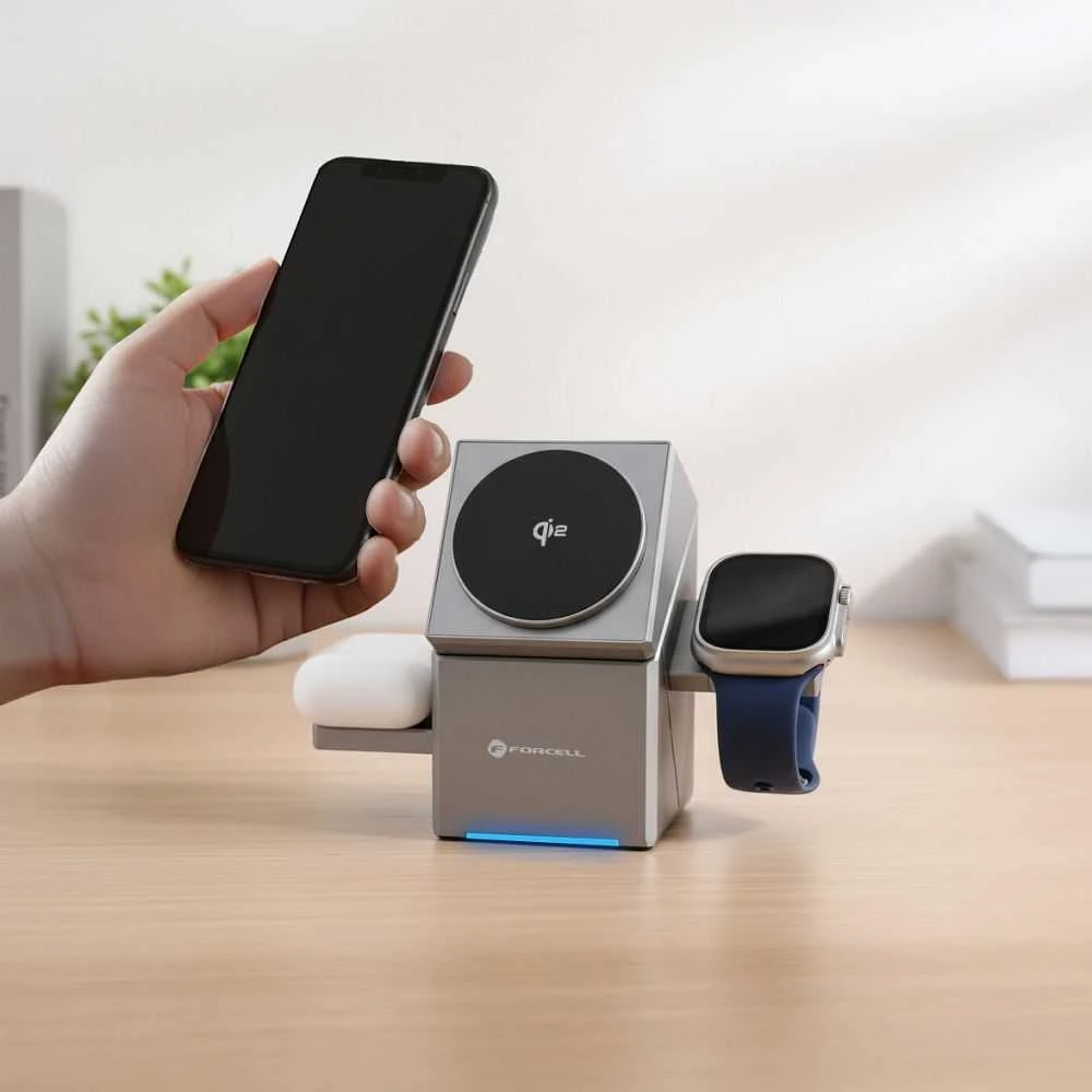 Belaidis įkroviklis Forcell F-Energy 3in1 Rotation Cube Qi2, suderinamas su MagSafe (F-06), sidabrinis