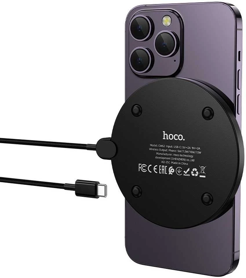 Belaidis įkroviklis Hoco 15W su USB C laidu ir skaitmeniniu ekranu CW62 juodas