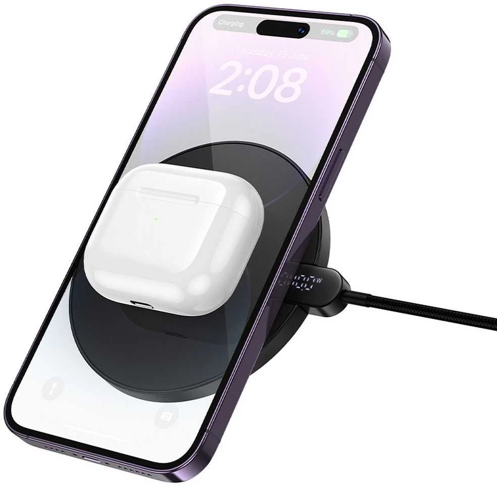 Belaidis įkroviklis Hoco 15W su USB C laidu ir skaitmeniniu ekranu CW62 juodas