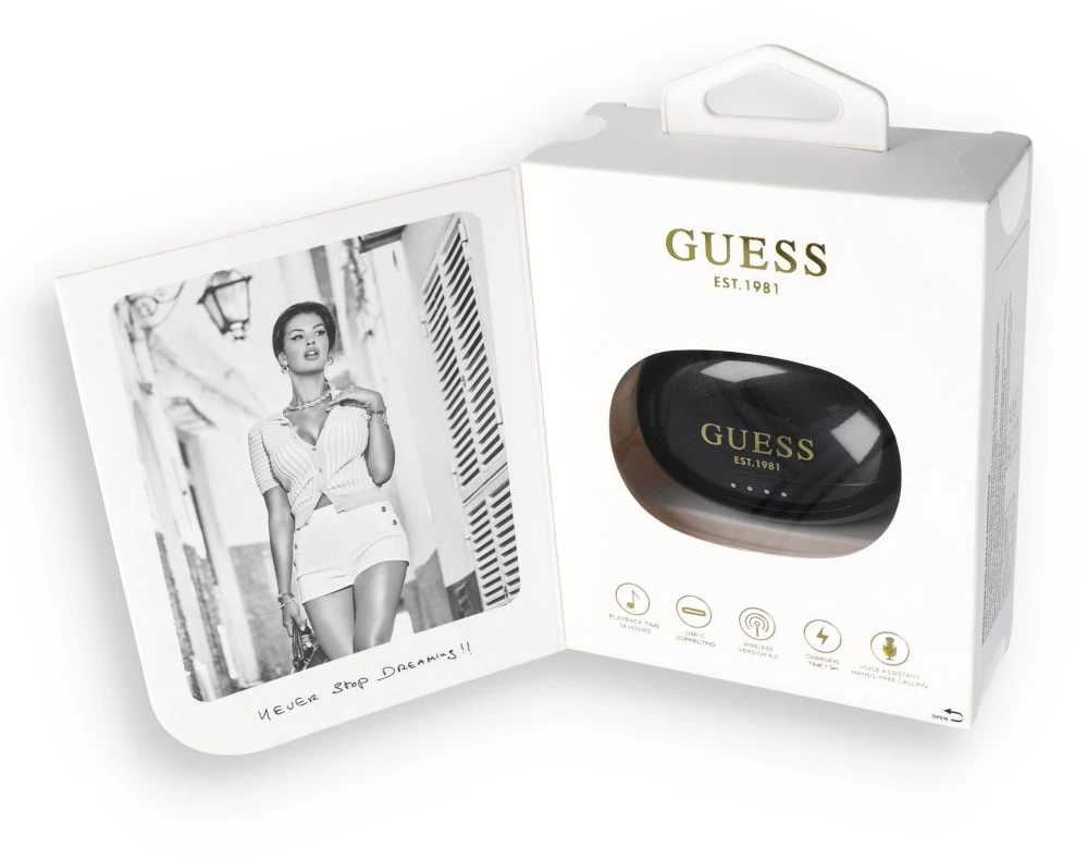 Guess Metallic Finish Classic Logo OWS belaidės ausinės juodos spalvos
