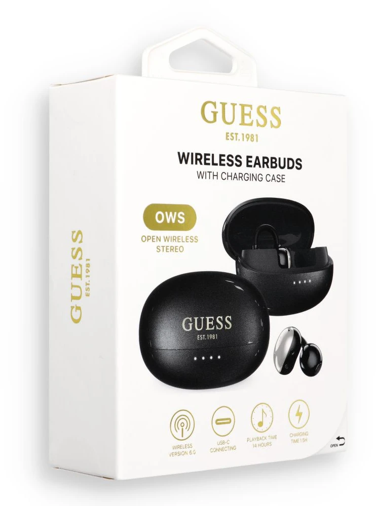 Guess Metallic Finish Classic Logo OWS belaidės ausinės juodos spalvos