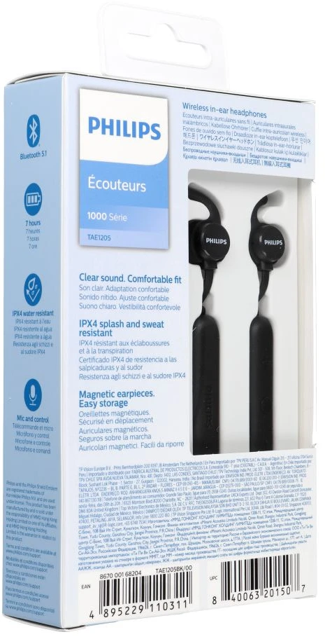 Į ausis dedamos belaidės ausinės su mikrofonu Philips TAE1205BK/00, Juodos